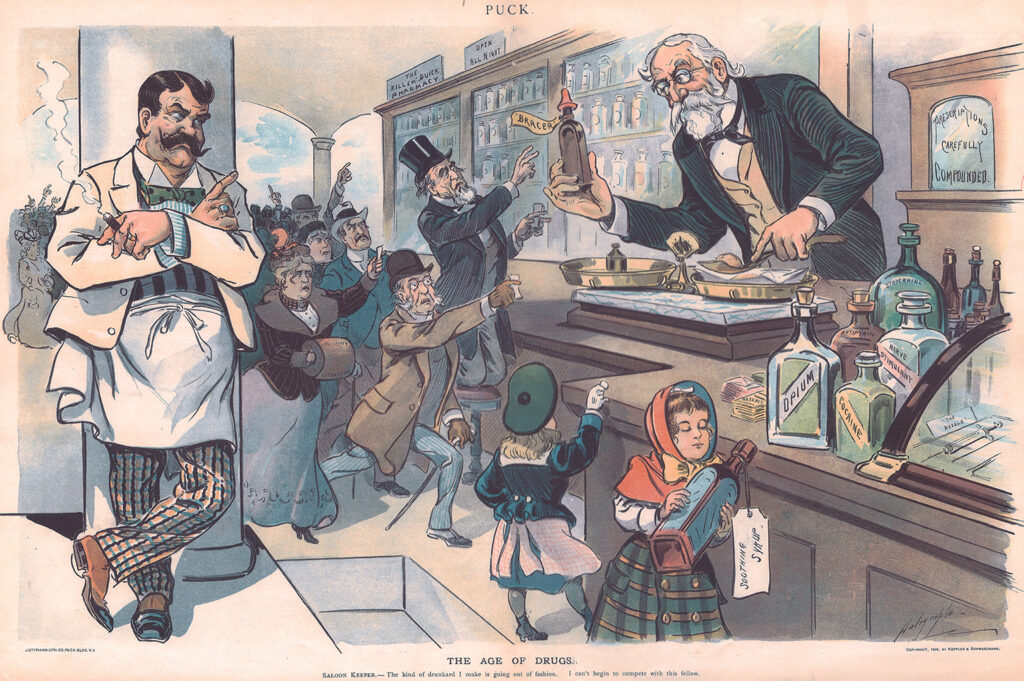 "Age of Drugs" cartoon from Puck in 1900. The Saloon Keeper says, "The kind of drunkard I make is going out of style. I can't begin to compete with this fellow."